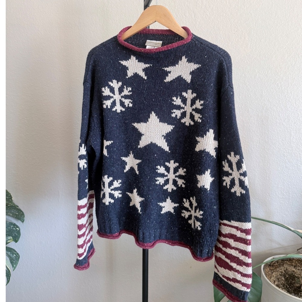 Coldwater Creek XL Navy Blue Star Snowflake Ramie Wool Blend Pullover Sweater